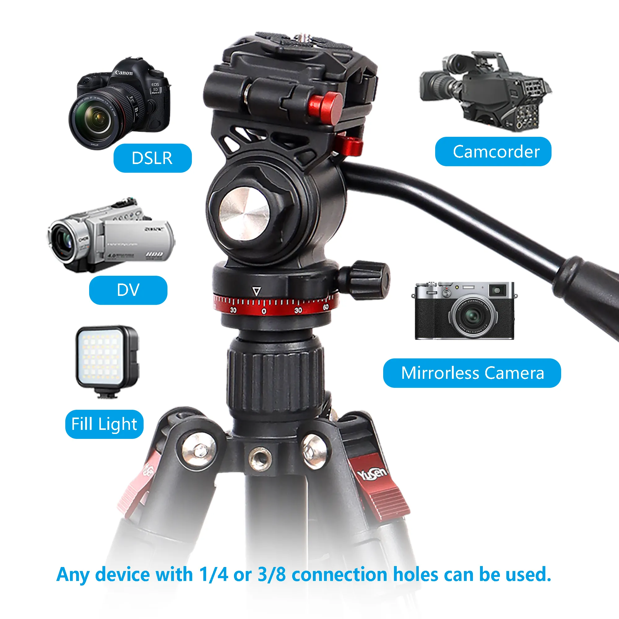Professional Portable Aluminum Tripod with Hydraulic Damping Head Quick Release Plate Telescopic Handle for DSLR Camera