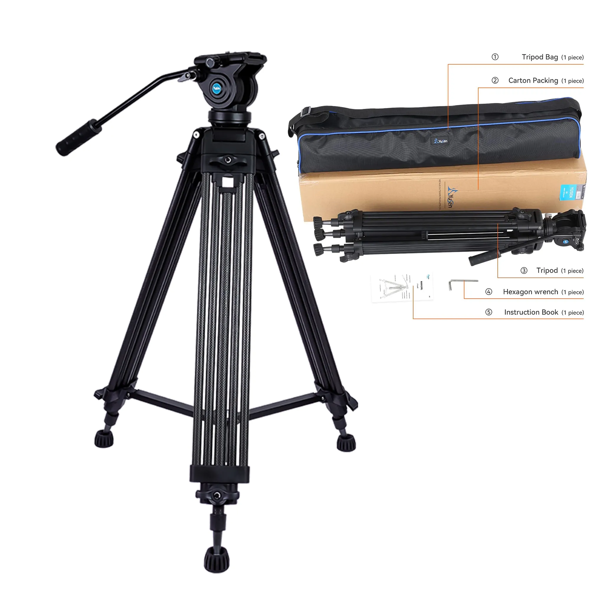 Fluid Damping Tripod Smooth Vibration Reduction for Video and Dynamic Shooting with 30“to 62” Height Interchangeable Feet