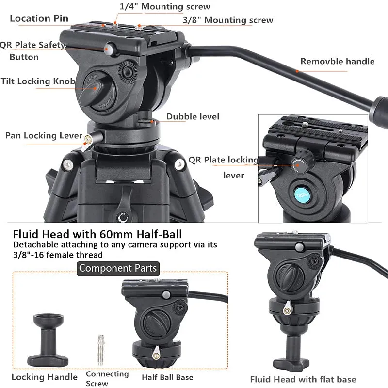 Video Tripod with Fluid Head , Metal Camera Tripod with Smooth Friction Damping