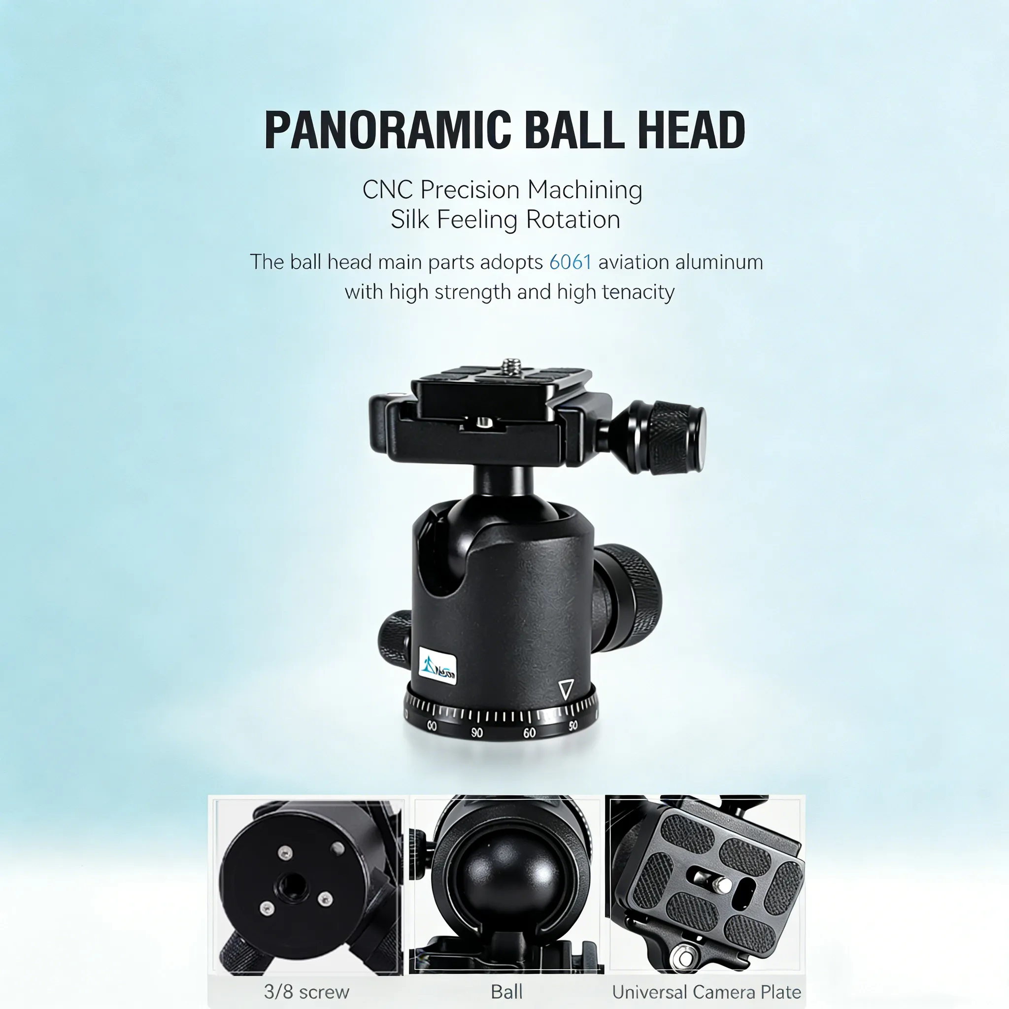 36mm Aluminum Metal Tripod Ball Head 360 Degree Rotating Panoramic with 1/4 Inch Quick Release Plate Bubble Level for Camera