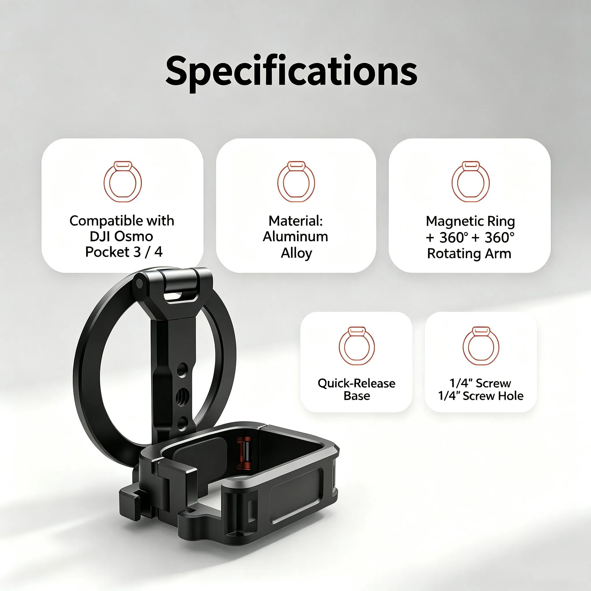 Flip-Up Magnetic Cage for DJI Osmo Pocket 3 / Pocket 4, Aluminum Alloy Quick Release Cage 360° Rotatable Arm and 1/4"-20 Mount